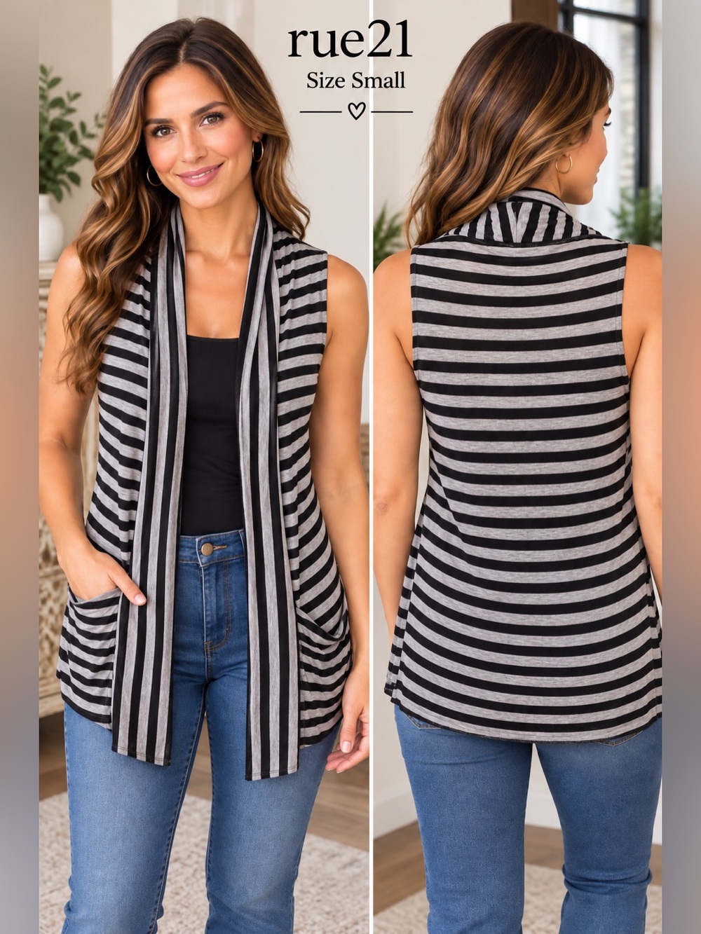 Rue21 Black Gray Striped Open Front Draped Vest Cardigan Size Small NWT